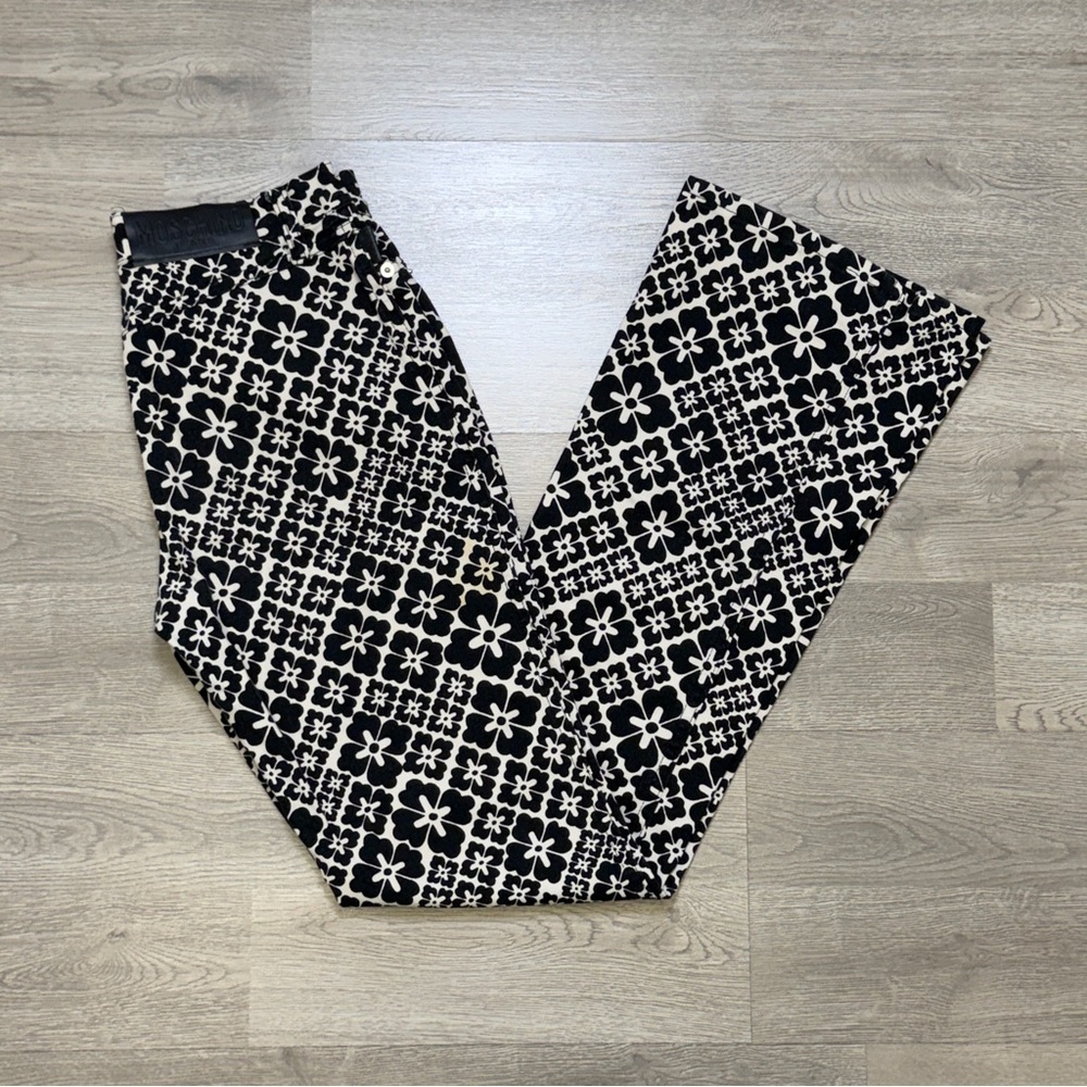 Moschino Black and Cream Floral-Check Bootcut Pants